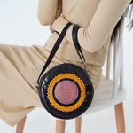 Black and Yellow Genuine Leather Weaving Mandala Pattern Round Crossbody Bag Photo 3