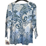 Jess & Jane Blue White Gray Floral Cotton Top with Rhinestones Size Small NEW Photo 3