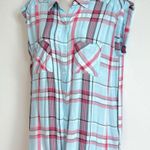 EXPRESS NWT Cap Sleeve High Low Plaid Button Down Top Blue Red M Lightweight Photo 2