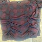 I.N. San Francisco  Plaid Top Sz. L Ruched Sheer Sleeves Cropped Elastic Back (172) Photo 7
