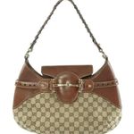 Gucci  Monogram Leather Canvas Gg Horsebit Shoulder Bag Brown Size Medium Photo 0