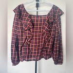 Madewell Plaid Ruffled Sqaureneck Gingham Red and Black Top Size L Cotton Photo 6
