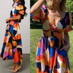 Baltic Born  Lola Midi Dress Rust Navy Blue Multicolor Puff Sleeves Cutout Boho Photo 5