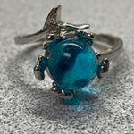 Silver Plated Mermaid Tail Oceanic Blue Glass Ball Adjustable Cocktail Ring Sz 7 Photo 0