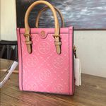 Tory Burch RARE Mini T Monogram Embossed Leather Bag Tote Crossbody Pink Photo 4