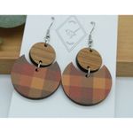 Handmade Orange Brown Yellow Plaid Wood Lightweight Dangle Fall Autumn Earrings Photo 1