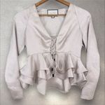 Alexis  Reagan Satin Lace Up Ruffled Peplum Top Blouse‎ Sz S Whimsical Romantic Photo 2