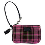 Coach Pink Plaid Tartan Wristlet Black Trim Fabric Zip Pouch Fob Leatherware Photo 0