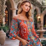 Hale Bob 100% Silk Floral Off Shoulder Cinch Waist Blouse S Photo 3