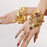 Belly Dancer Gold Tone Coin Cuff Bracelet & Attached Ring Photo 0
