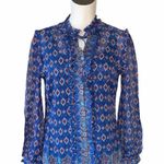 Robert Graham NWOT  Paisley Ruffle Tie Neck Top Blouse Blue Small Photo 2