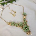 Statement Green and Gold Floral Necklace and Earrings Set Photo 1