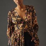 Anthropologie Black Floral Deep V Tunic Blouse Floral Button Front Top Photo 0