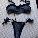 Seamolly Navy Blue Gingham Spliced Ruched Ruffles Trim Bowknot Tie Side Bikini Set Size XS Photo 0