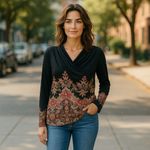 Made with Love Black Red Brown Green Paisley Knit Top Crossover V Neck S Photo 2