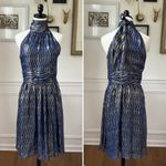 Halston Heritage NWOT  Scarf Neck Short Dress Saphire Blue Gold Diamond Scarf Nec Photo 2