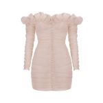 House Of CB  Astrid Ivory Chiffon Ruffle Bardot Ruched Mini Dress Size L+ Photo 6