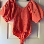 Kittenish  Coral Puff Sleeve Ruched Bodysuit Size Large Photo 4