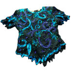 Vintage Lawrence Kazar Beaded silk Sequin Top Turquoise Purple Embellished Party Black Size L Photo 0