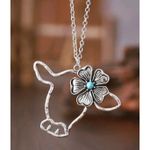 Silver Tone Cow Head Flower Pendant Necklace Western Boho Turquoise Accent New Photo 1