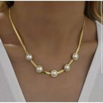 18K Gold Plated White Pearl Snake Herringbone Necklace Stainless Steel Womens Photo 2