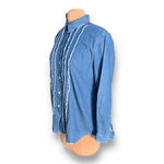 Vintage 90s Top Chambray Denim Ruffle Front Western Button Down Shirt Large Blue Photo 5