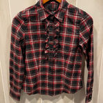 Talbots Cute plaid ruffle jeweled button blouse stretch black red holiday Photo 0