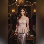 Vintage 80s pink metallic lace peplum strapless dress wedding party glam Photo 1