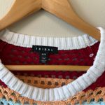 Boutique Tribal Multicolor Open Crochet Knit 3/4 Sleeve Sweater Shirt Red Size M Photo 3