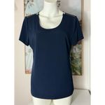 Carmen Marc Valvo  Navy Blue Zip Shoulder Short Sleeve Stretch Top Size Large Photo 2