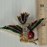Source Unknown Vintage Bird on Branch Brooch Enamel Green Red Gold Tone Rhinestone Signed Photo 6