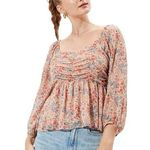 American Eagle  AE | Small | Pink Flowy Floral Chiffon Ruched Babydoll Top Photo 0