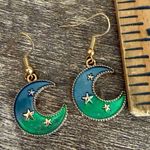 Moon Celestial Dangling Earrings Green Blue Gold Tone Photo 2