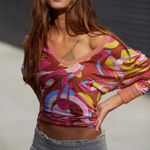 Free People Movement Keep Rolling Printed Tee Long Sleeve Pink Green XS Photo 0