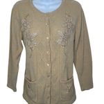 Jenni Vintage Jenny Button Up Embroidered Tan Cardigan Sweater Pockets Size Medium Photo 0