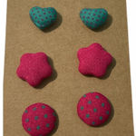 None Stud Button Statement‎ Earrings Set Fabric Polka Dot Hearts Stars Pink Teal Blue Photo 0