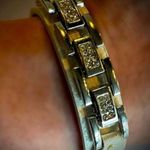 Handmade Fine Designer Runway Style White Leather Bracelet Chain Rhinestone Original Art Unisex Men Women Pebble Grain Snap Clasp Adjustable Photo 0