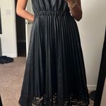 Gracia Pleated Pleather Dress With Lace Hem Photo 9