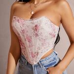 Floral Print Contrast Embroidered Mesh Curved Hem Tube Top White Size L Photo 0