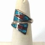 Sterling Silver Crushed Turquoise and Coral Inlay Split Shank Wrap Ring Sz 7 Photo 0