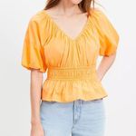 Loft  ORANGE BLOUSE GATHERED WAIST SMALL NEW WITH TAGS SHORT SLEEVE Photo 0