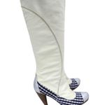 AUTHENTIC Gigi Favela White Leather Boots Heels Blue Gingham Leather 5.5 Photo 1
