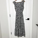 Max Studio Size M Ruffle Neckline White Black Floral Print Midi Dress Tiered Photo 1