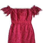 Monique Lhuillier ML Womens Red Raspberry Off The Shoulder Lace Overlay Dress 0P Photo 3