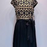 Adrianna Papell Black Dress with Gold Appliqué Bodice Pleated Mesh Overlay Skirt Photo 0