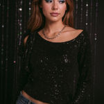 CeCe  Black Sequin One-Shoulder Bow Blouse – Size Small – NWT Photo 0