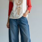 Free People  Bohemian Embroidered Eyelet Baseball Raglan Tee Top Small Red Cream Photo 0