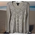 White House | Black Market  Women's Sweater M Metallic Sheer Knit Embellished Photo 2