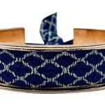 Gold Tone Ribbon Tie Cuff Bracelet Blue White Lattice Pattern Preppy Nautical Blue Photo 0