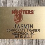 Hooters Girl Worn Name Tag “Jasmin” Halloween Gold Photo 1